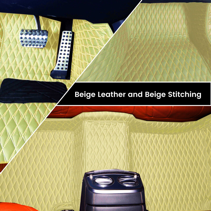 Diamond design artificial beige leather with beige stitching car mats installed in a car