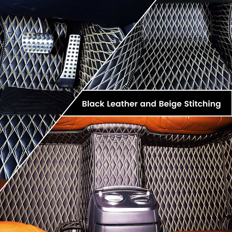 Diamond design artificial black leather with beige stitching car mats installed in a car