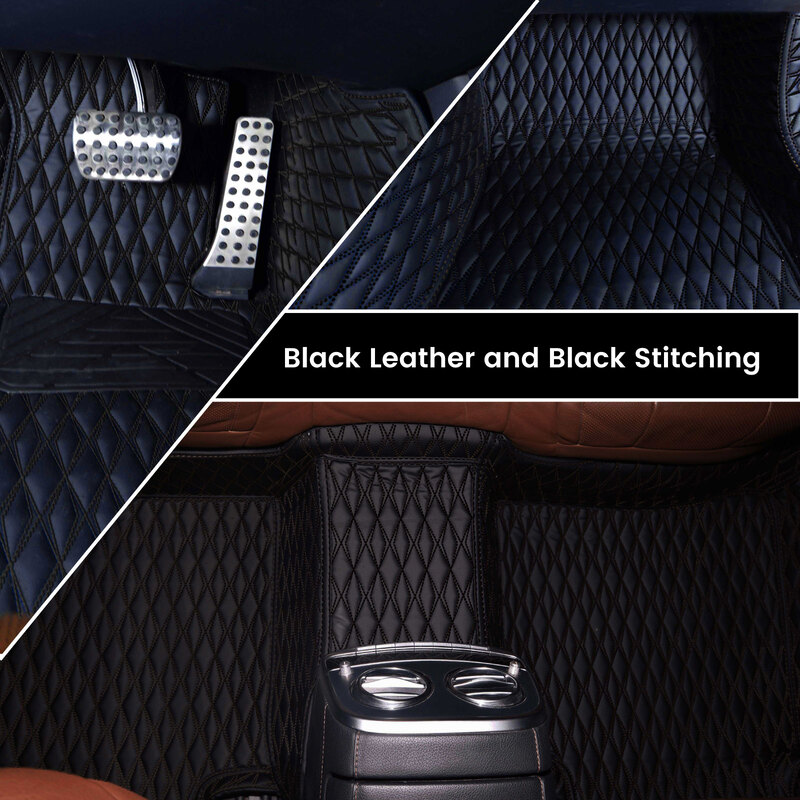 Diamond design artificial black leather with black stitching car mats installed in a car