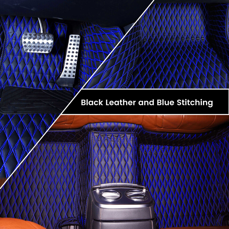 Diamond design artificial black leather with blue stitching car mats installed in a car