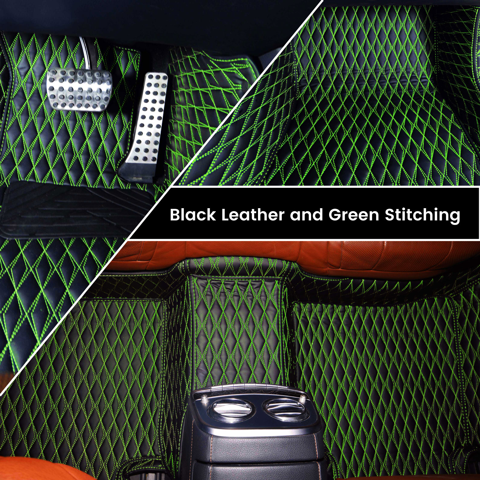 Diamond design artificial black leather with green stitching car mats installed in a car