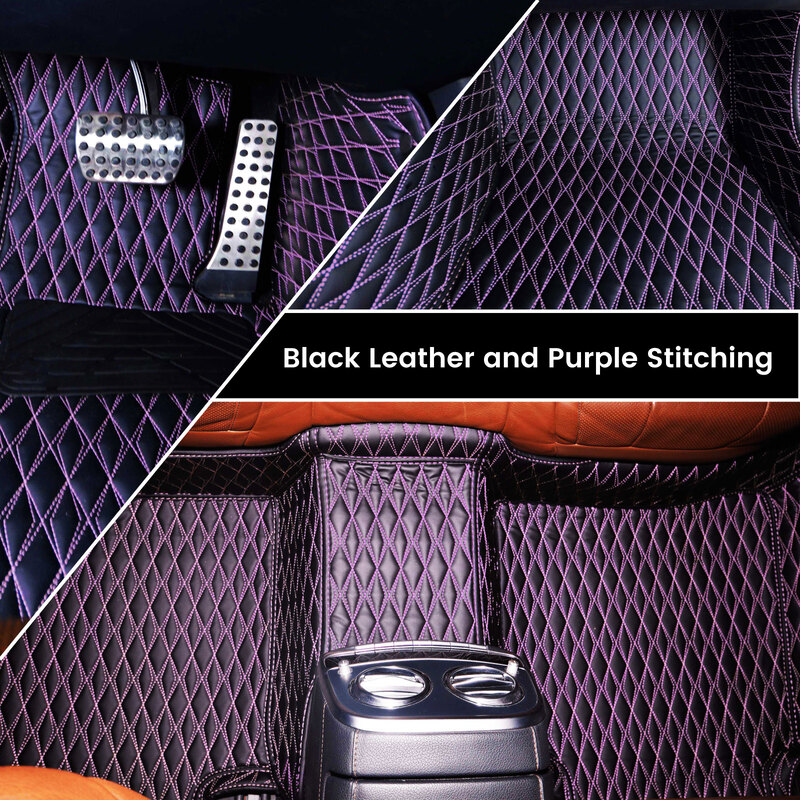 Diamond design artificial black leather with purple stitching car mats installed in a car