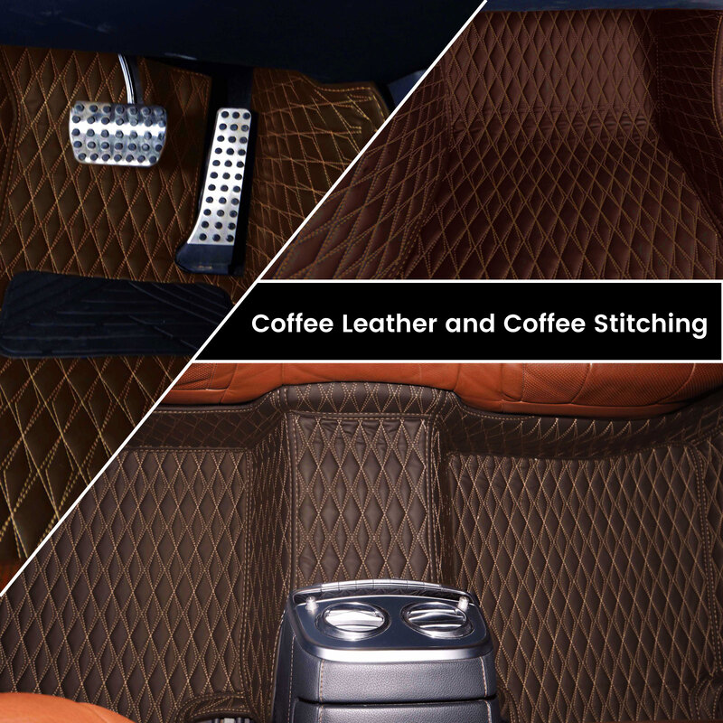 Diamond design artificial coffee leather with coffee stitching car mats installed in a car