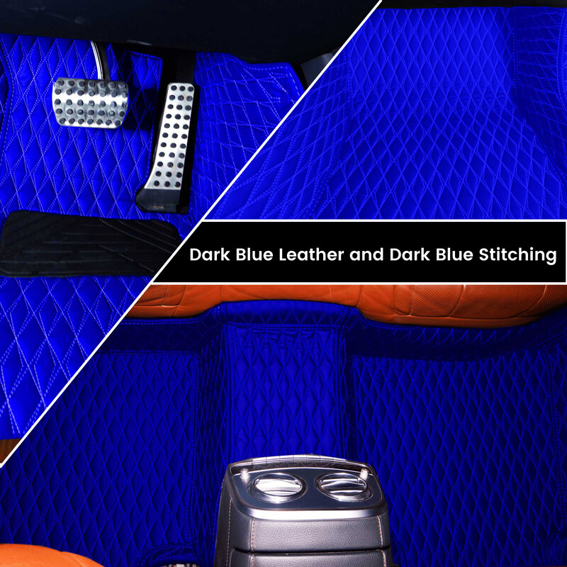 Diamond design artificial dark blue leather with blue stitching car mats installed in a car