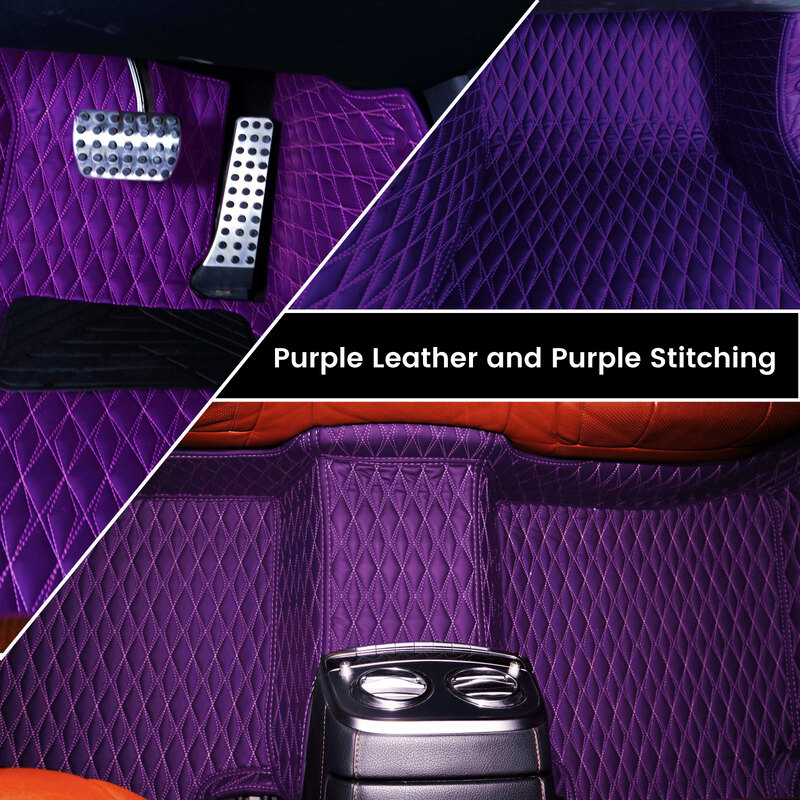 Diamond design artificial purple leather with purple stitching car mats installed in a car