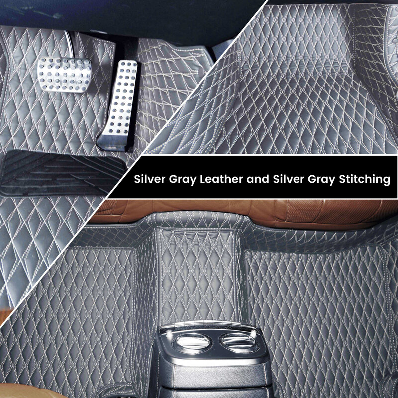 Diamond design artificial silver gray leather with gray stitching car mats installed in a car