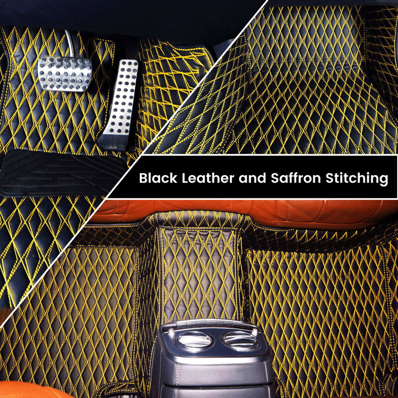 Diamond design artificial black leather with saffron stitching car mats installed in a car